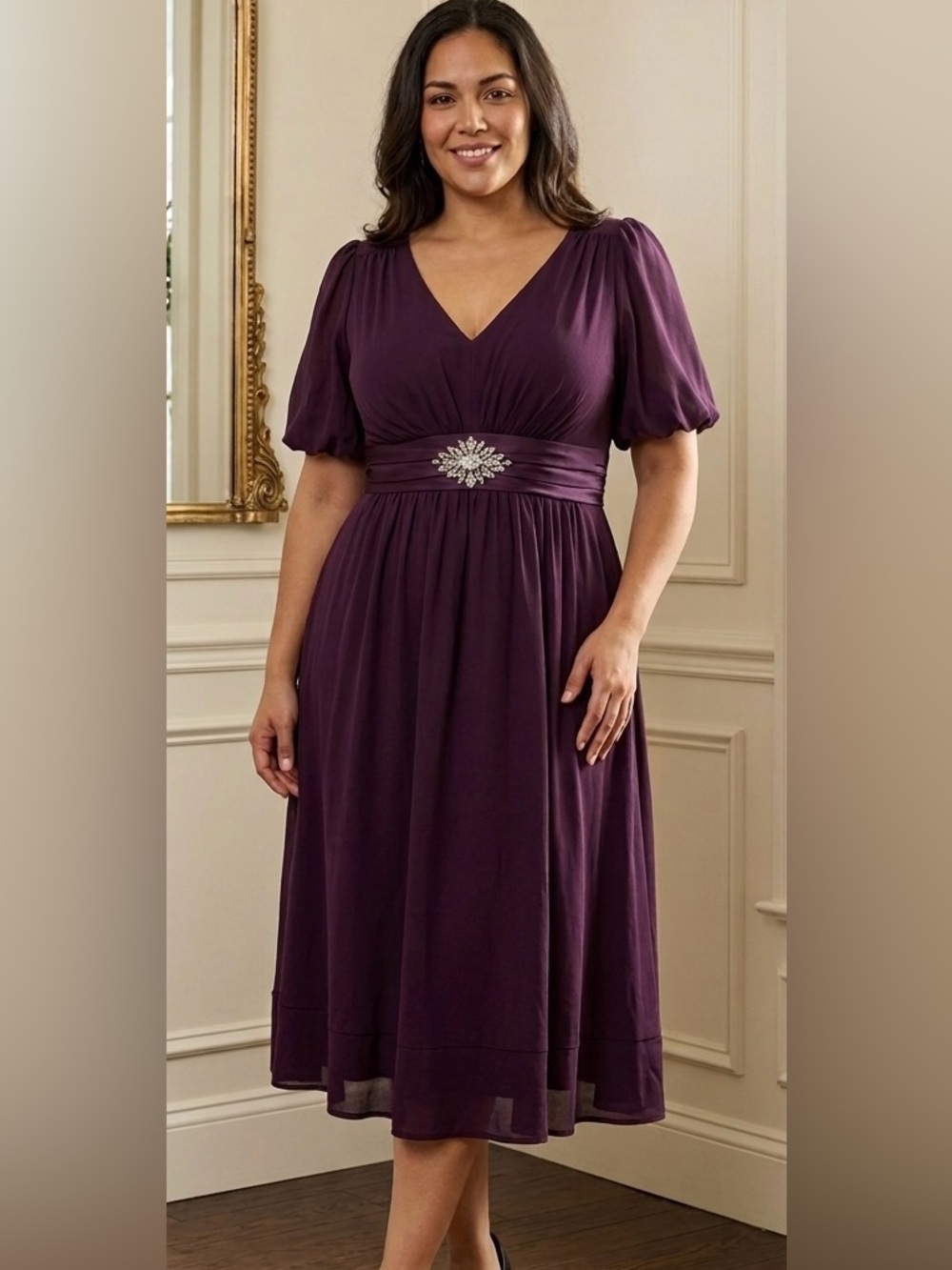 SL Fashions Elegant Purple Dress with Embellished Waist